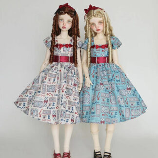 mask cat sd cream blue print dress